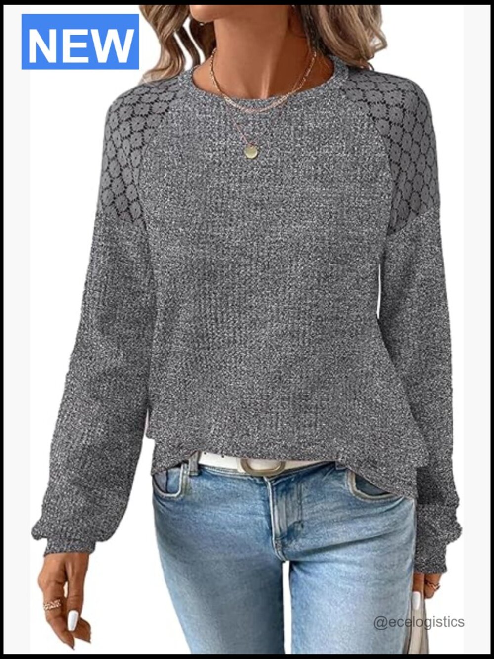 Long Sleeve Waffle Knit Blouse Tunic Lace Cut Out Pullover Soft Lightweight
